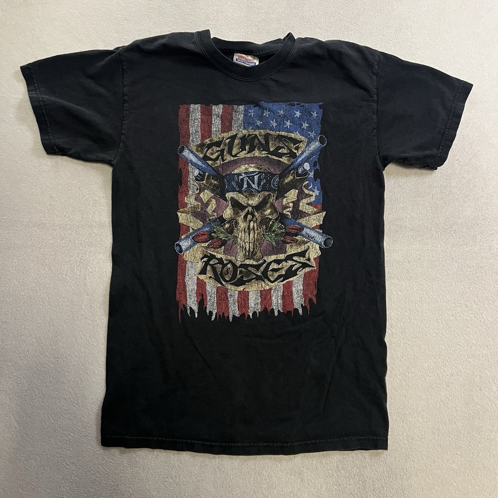 Vintage Guns N' Roses 'NITL Skull US Flag' T-Shirt Adult Small Black Rock Y2K